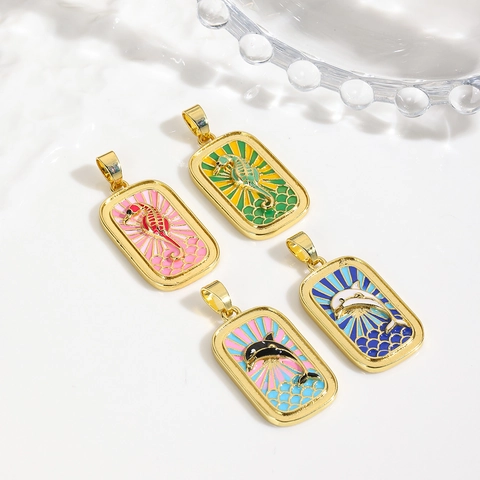 Copper 18K Gold Plated Enamel Tarot Card Seahorse Dolphin Pendant Necklace Retro Ocean Style Jewelry Gift For Women