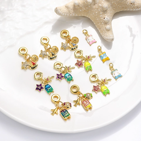 Copper Enamel Rhinestone Travel Theme Charms Suitcase Sailboat Camera Airplane Ocean Starfish DIY Jewelry Making Pendants