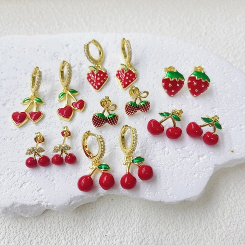 18K Gold Plated Copper Fruit Cherry Strawberry Earrings Zirconia Enamel Stud Drop Earrings For Women Sweet Fashion Jewelry