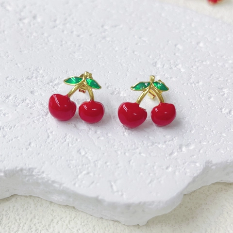 18K Gold Plated Copper Fruit Cherry Strawberry Earrings Zirconia Enamel Stud Drop Earrings For Women Sweet Fashion Jewelry