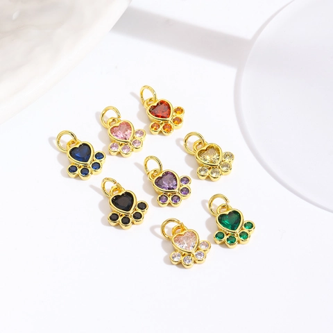 Copper 18k Gold Plated Dog Paw Print Charm Pendant Micro Pave Rhinestone Sweet Small Heart Animal Footprint DIY Jewelry Accessory