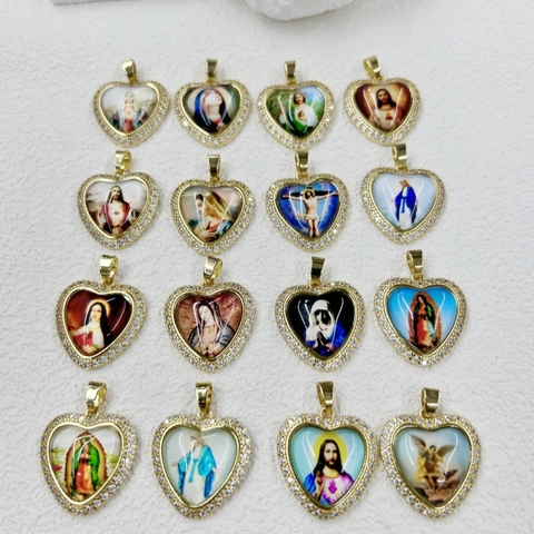 Collier Pendentif Religieux Cœur Plaqué Or 18K Cuivre Vierge Marie Jésus Sacré-Cœur Zirconia Bijoux Chrétiens Femme