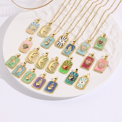 Boheems Tarot Rechthoek Emaille Hanger Halsketting Koper 18K Verguld Boze Oog Heilig Hart Schelp Sieraden voor Dames