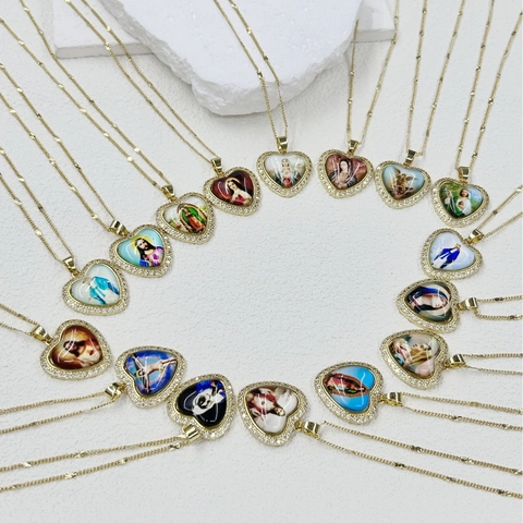 Collier Pendentif Religieux Cœur Plaqué Or 18K Cuivre Vierge Marie Jésus Sacré-Cœur Zirconia Bijoux Chrétiens Femme