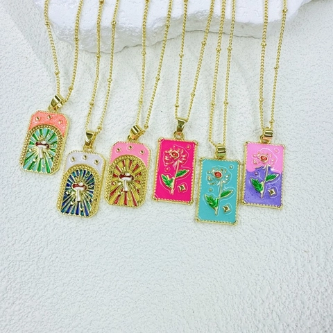 Retro Copper Enamel Rose Mushroom Tarot Square Pendant Necklace For Women Gold Plated Drip Oil Floral Star Jewelry Accessory