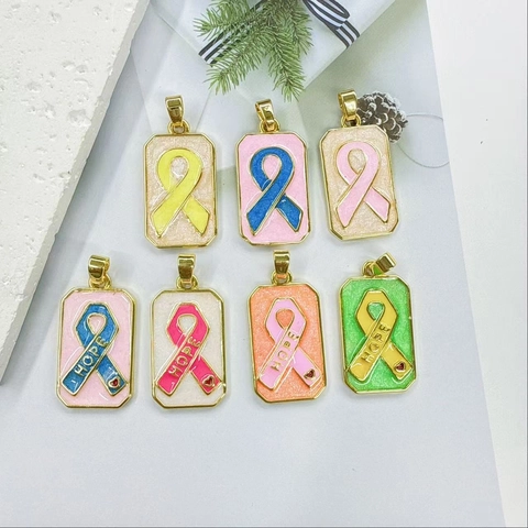 Pendentif en Cuivre Émaillé Ruban de Sensibilisation Plaqué Or 18K Uniquement Motif Cœur Espoir Charmes Rectangle DIY