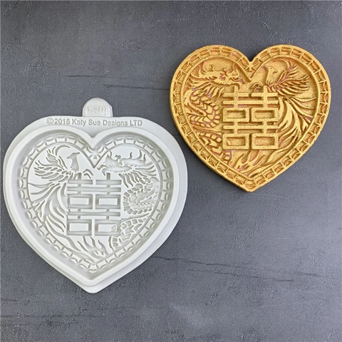 Hartvormige Siliconen Fondant Taartvorm Dubbel Geluk Draak Feniks Patroon Traditioneel Chinees Huwelijk Bakdecoratie Gereedschap