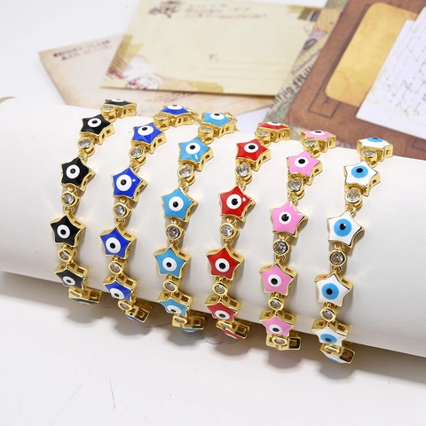 Copper Zirconia Star Evil Eye Enamel Adjustable Slider Bracelet Gold Plated Turkish Style Sweet Jewelry For Women