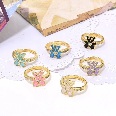 Cartoon Panda Bear Copper Ring Gold Plated Zirconia Heart Gem Adjustable Open Finger Ring Sweet Women Jewelry