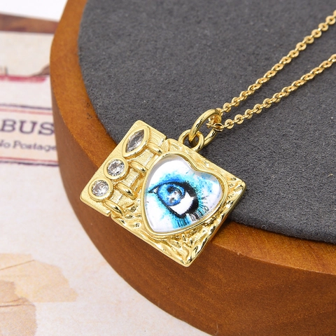 Vintage Goud Koper Boze Oog Hart Hanger Ketting Unisex Ingelegde Zirconia Geometrische Rechthoek Ketting Retro Artistiek Sieraden Cadeau