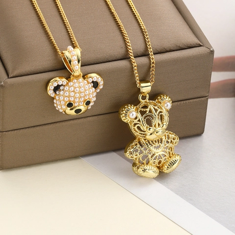 Collar con Colgante de Oso Panda de Cobre Chapado en Oro de Dieciocho Quilates para Mujer Joyería de Perlas Artificiales