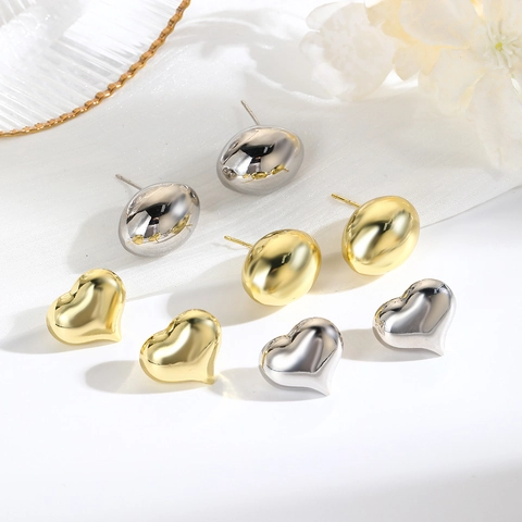 18K Gold Plated Copper Stud Earrings Minimalist Hollow Heart Oval Bean Geometric Earrings For Women Daily Fashion Jewelry