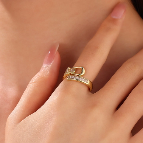 Luxury Copper Zirconia Belt Buckle Ring Adjustable Open Finger Ring Gold Silver 18K Plated Fashion Jewelry For Women Men