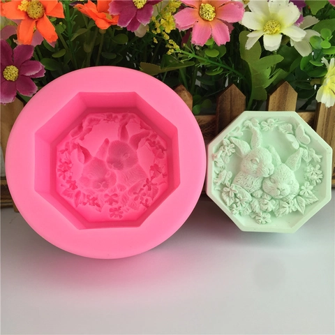 Doppel Hase Blume Relief Silikonform Für DIY Backen Fondant Kuchen Dekoration Seife Gips Handwerk Achteckig Rosa Form