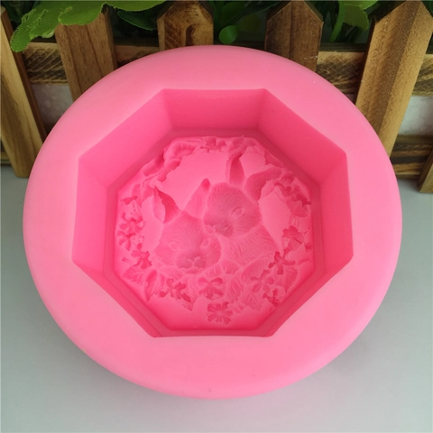 Doppel Hase Blume Relief Silikonform Für DIY Backen Fondant Kuchen Dekoration Seife Gips Handwerk Achteckig Rosa Form