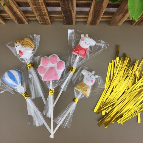 Gold Twist Ties For Lollipop Chocolate Sealing Transparent OPP Flat Bags Gift Candy Packaging Ties For Bakery Party