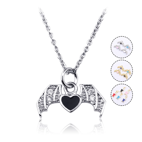 Gothic Bat Wing Heart Pendant Necklace Gold Plated Copper Enamel Zirconia Fish Charm DIY Jewelry For Halloween Women