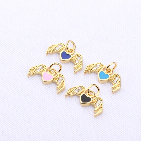 Gothic Bat Wing Heart Pendant Necklace Gold Plated Copper Enamel Zirconia Fish Charm DIY Jewelry For Halloween Women