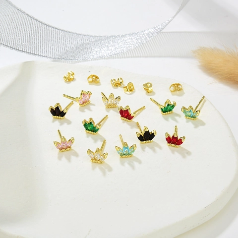Copper 18K Gold Plated Crown Stud Earrings With Colorful Zirconia Inlaid Marquise Cut Gemstone Elegant Jewelry For Women
