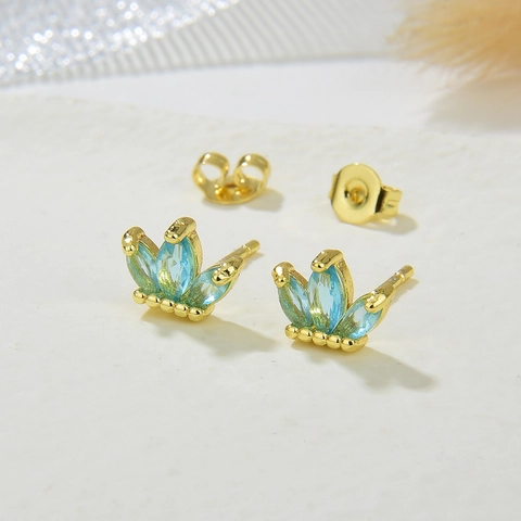 Copper 18K Gold Plated Crown Stud Earrings With Colorful Zirconia Inlaid Marquise Cut Gemstone Elegant Jewelry For Women
