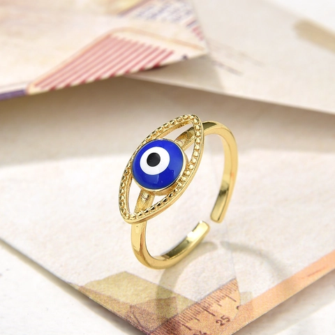 Vintage Evil Eye Open Adjustable Ring For Women Copper Gold Plated Enamel Oval Devil Eye Statement Ring Retro Jewelry Gift