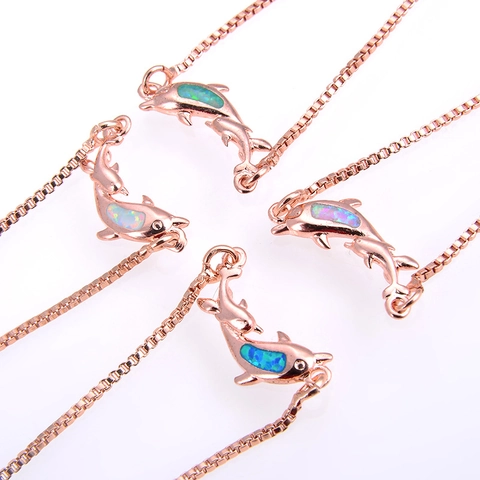 Dolphin Artificial Opal Bolo Bracelet For Women Copper Adjustable Box Chain Nautical Marine Jewelry Rose Gold Plated Bracelet