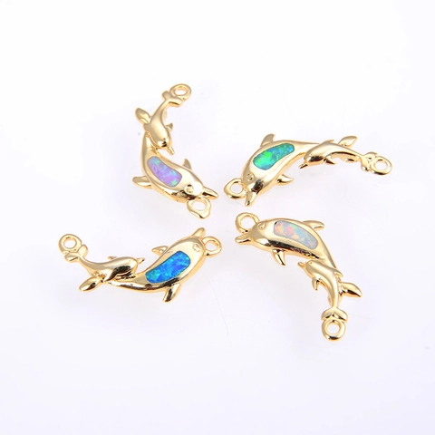 Colgantes Conectores de Delfín de Cobre Con Incrustación de Ópalo Sintético Accesorios de Joyería de Animales Marinos para Pulseras Collares DIY