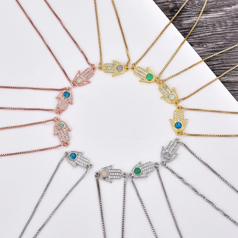 Copper Hamsa Hand Bracelet With Opal Evil Eye Heart Sun Inlaid Zirconia Adjustable Box Chain Women Ethnic Jewelry Connector