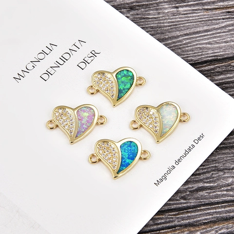 Women Fashion Copper Synthetic Opal Heart Bracelet Cubic Zirconia Adjustable Box Chain Jewelry Connector For DIY Necklace