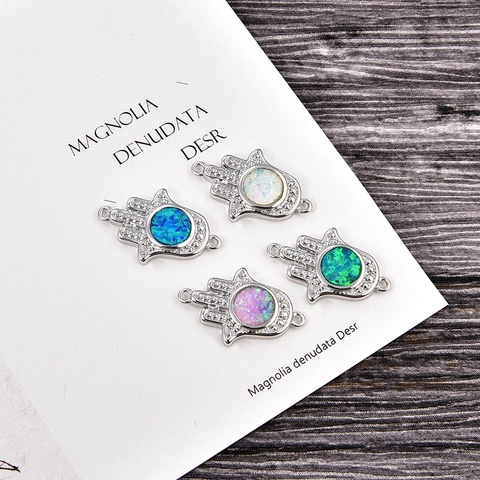 Hamsa Hand Evil Eye Jewelry Connector With Synthetic Opal Zirconia Inlaid Copper Pendant Connector For Bracelet Making Ethnic Style Hamsa Jewelry For Women