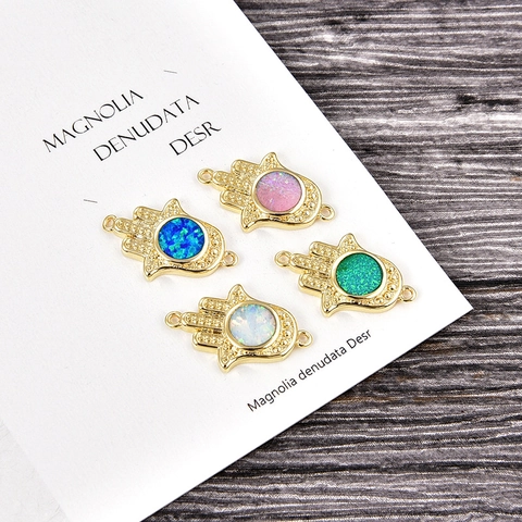 Hamsa Hand Evil Eye Jewelry Connector With Synthetic Opal Zirconia Inlaid Copper Pendant Connector For Bracelet Making Ethnic Style Hamsa Jewelry For Women