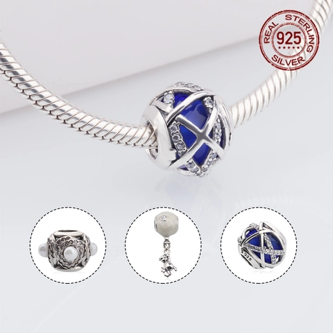 Amuletos de Plata de Ley 925 Cuentas Corazón Calado Con Perla Artificial Oso de Peluche Colgante Rhinestone Joyas Para Pulsera