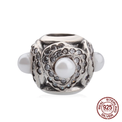 Amuletos de Plata de Ley 925 Cuentas Corazón Calado Con Perla Artificial Oso de Peluche Colgante Rhinestone Joyas Para Pulsera
