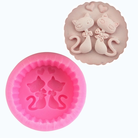 Silicone Cat Heart Couple Relief Mold For Fondant Cake Chocolate Soap Candle DIY Baking Tool Pink Animal Shape Mold