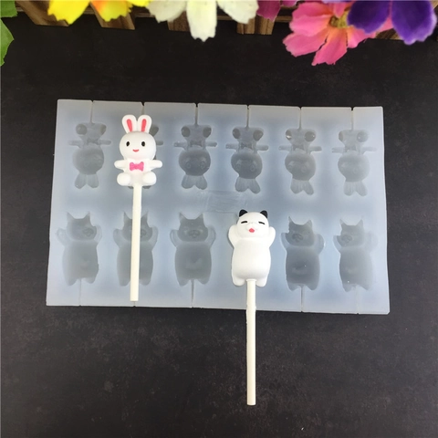 Molde de Piruleta de Silicona de Animales de Dibujos Animados DIY Para Chocolate Dulces Pastel Fondant Herramienta de Horneado Forma de Conejo Oso