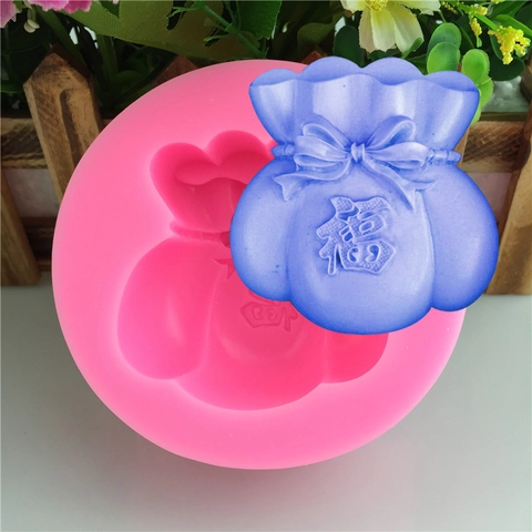 Stampo in Silicone a Forma di Sacchetto della Fortuna Con Fiocco e Carattere Fu per Torta Fondente Sapone Fatto a Mano Candele