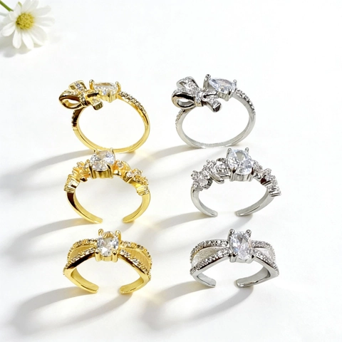 Französischer Vintage Kupfer Zirkonia Schleife Wassertropfen Offener Ring Für Damen Minimalist Streifen Einstellbar Schmuck