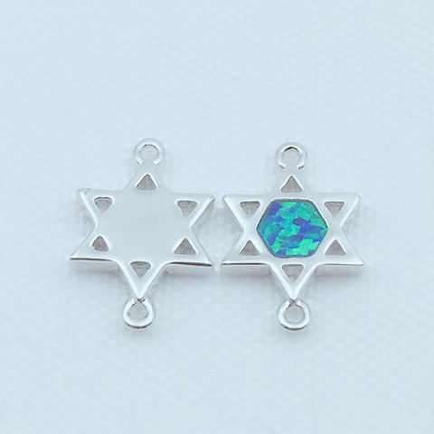 Pendentif Hexagramme Étoile De David en Cuivre Avec Incrustation d'Opale Synthétique Bleue Bracelet Ajustable Chaîne Vénitienne Bijoux Femme
