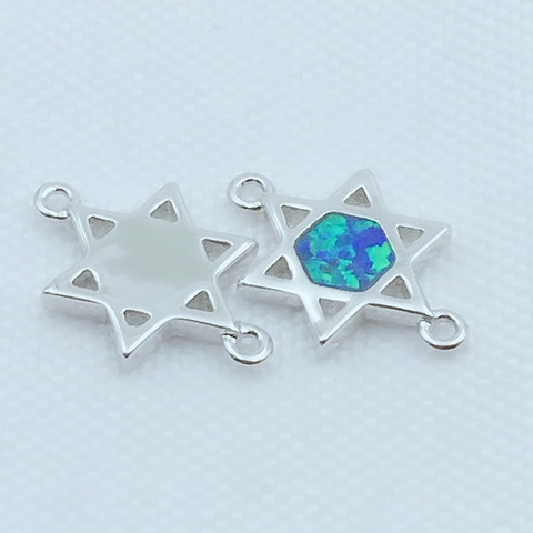 Pendentif Hexagramme Étoile De David en Cuivre Avec Incrustation d'Opale Synthétique Bleue Bracelet Ajustable Chaîne Vénitienne Bijoux Femme