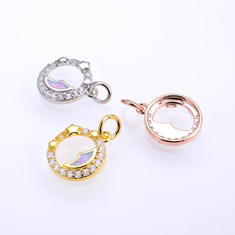 Colgante Redondo de Cobre Luna y Estrella con Circonia y Ópalo Artificial Accesorio de Joyería DIY para Collares