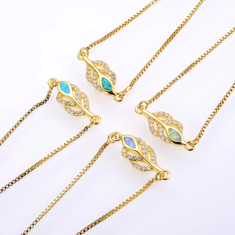 Adjustable Leaf Bracelet Copper Rose Gold Gold Silver Plated Synthetic Opal Cubic Zirconia Micro Pave Bolo Box Chain Jewelry