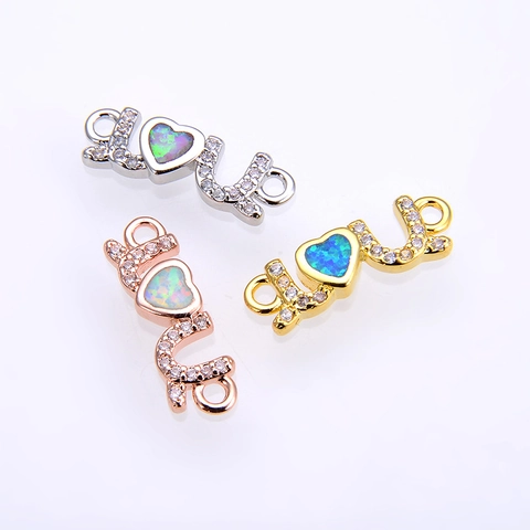 Copper Love Heart Synthetic Opal Connectors For Jewelry Making Bracelet Necklace DIY Supplies Gold Silver Plated Zirconia Mom Letter Pendants