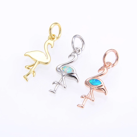 Flamingo Pendant Charm Copper Synthetic Opal Inlaid Elegant Animal Jewelry Making Accessory For Necklace Bracelet Gift