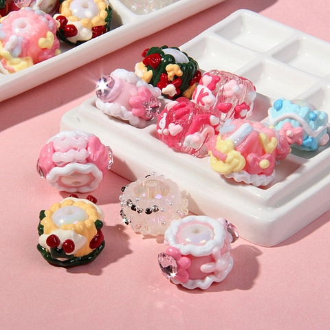 Ακρυλικές Χειροποίητες Χάντρες για Κατασκευή Κοσμημάτων Γλυκιά Καρδιά Φρούτα Σχέδιο Υφή Κρέμας Στρας DIY Χάντρες Αξεσουάρ