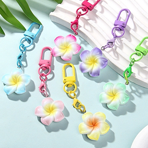 Macaron Gradient Plumeria Flower Keychain Pendant Resin Alloy Floral Bag Charm Accessories For Women Kids School Prizes