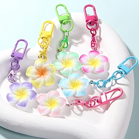 Macaron Gradient Plumeria Flower Keychain Pendant Resin Alloy Floral Bag Charm Accessories For Women Kids School Prizes