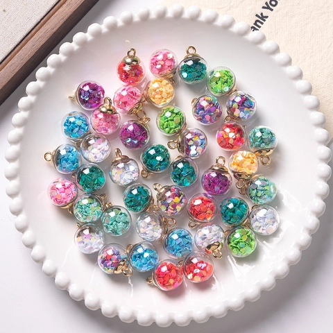 Crystal Glass Ball Pendant With Heart Sequins For DIY Jewelry Making Necklaces Earrings Keychains Decor Sweet Romantic Round Ball Charm