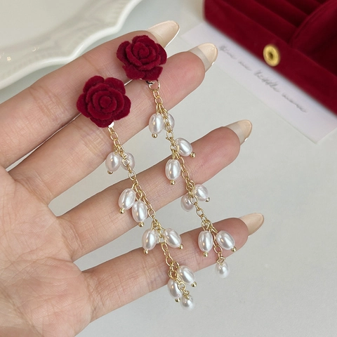 Orecchini Pendenti Vintage a Rosa in Velluto Rosso Con Perno in Argento Sterling 925 Eleganti Orecchini a Fiore Perle Artificiali Strass Donna Gioielli