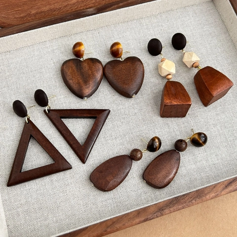 Vintage Holz Geometrische Ohrhänger Für Damen Tigerauge Stein Herz Dreieck Wassertropfen Handgefertigt Boho Ethno Schmuck