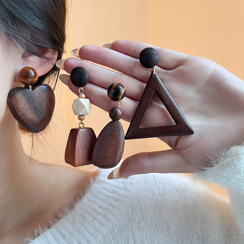 Vintage Holz Geometrische Ohrhänger Für Damen Tigerauge Stein Herz Dreieck Wassertropfen Handgefertigt Boho Ethno Schmuck